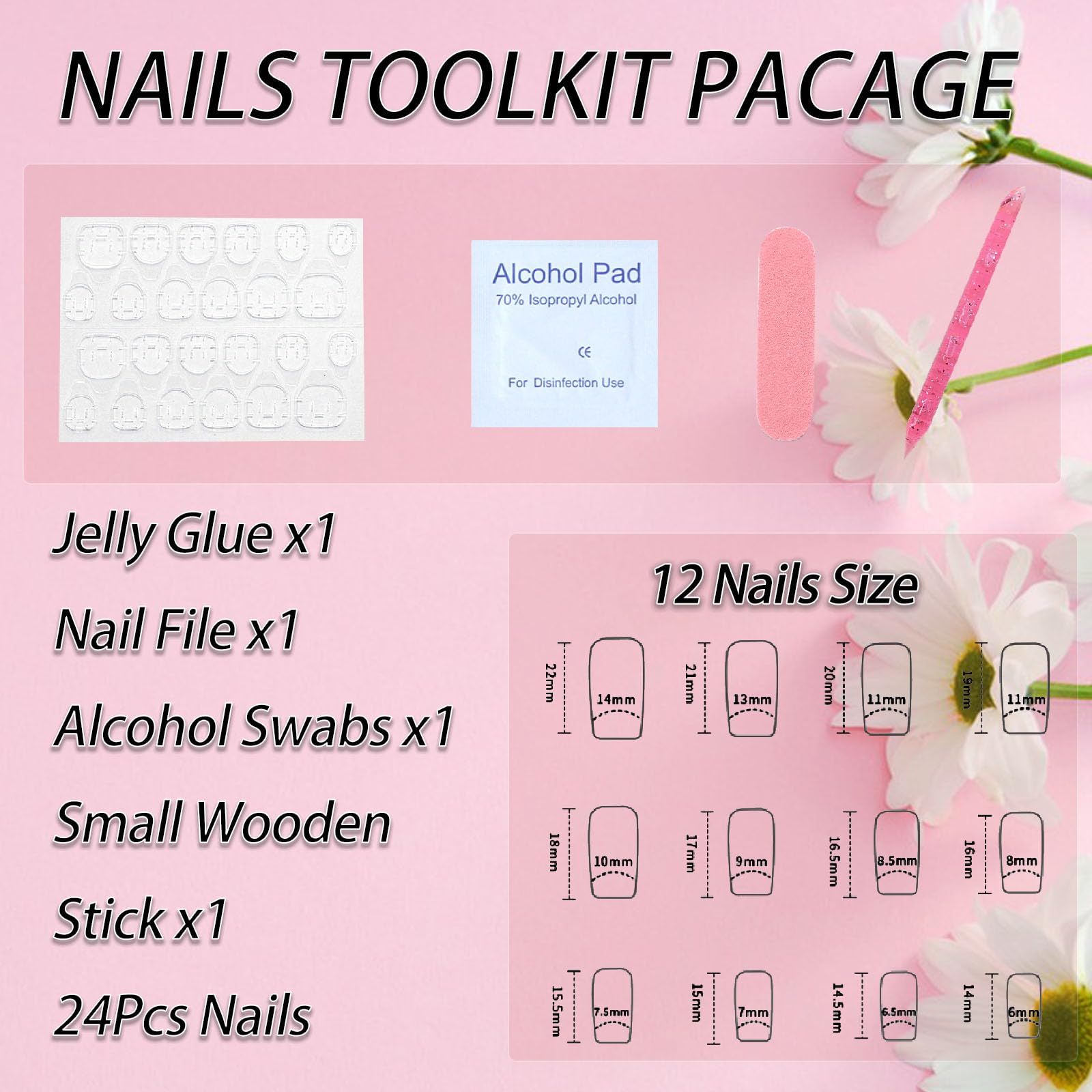 Medium Press on Nails Square White Gradient Fake Nails with Silver Glitter Design Glue on Nails Light Pink Full Cover False Nails Glossy Nails Press ons Artificial Stick on Nails for Women 24Pcs - Image 6
