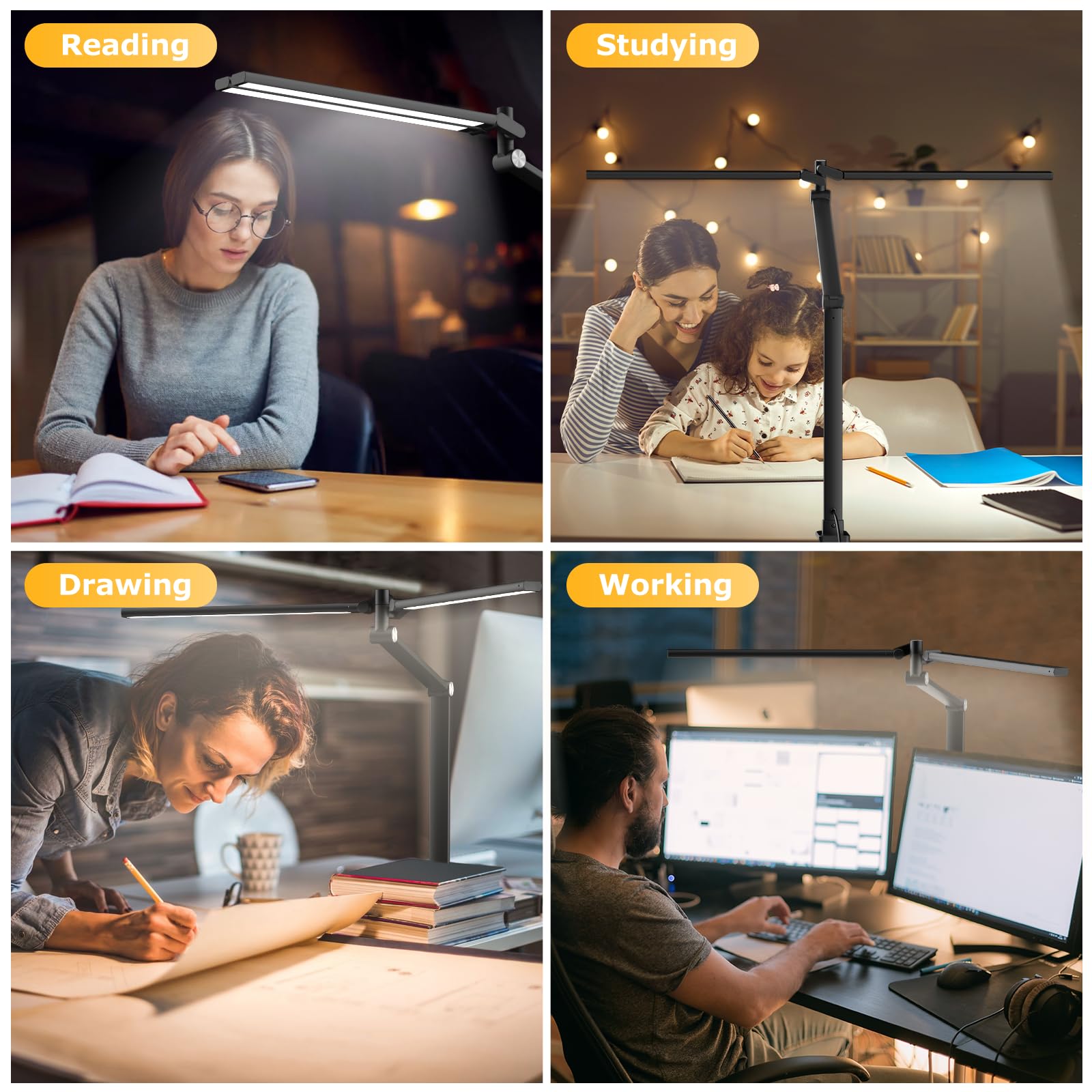 LED Desk Lamp for Home Office, Eye Caring Architect Desk Light with Remote, Dual Screen Computer Monitor Light with Stepless Dimming, Stepless Color Temp, Memory Function for Study, Workbench Black