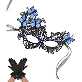 SAFERIN Halloween Lace Masquerade Mask & Gloves Set for Women Venetian Butterfly Eyemask with Rhinestones