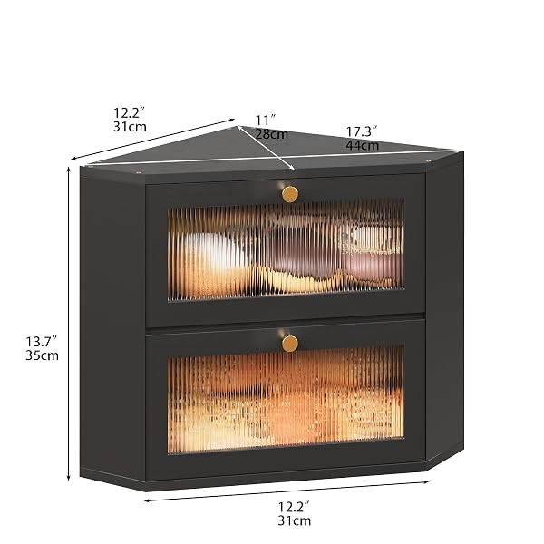 TRIRONSUN CORNER BAMBOO BREAD BOX FOR KITCHEN COUNTER DOUBLE LAYER BREAD STORAGE CONTAINER LARGE CAPACITY BREAD STORAGE BIN WITH WAVY ARCYLIC TRANSPARENT DOOR (BLACK)