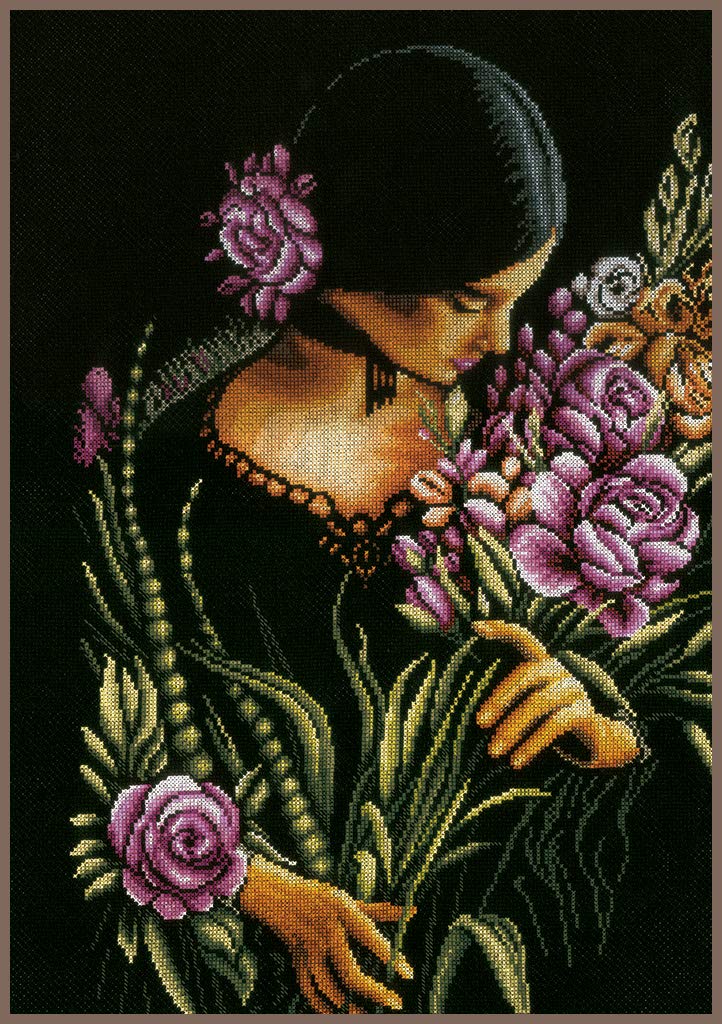 Lanarte Counted Cross Stitch Kit: Woman & Flowers (Aida), Cotton, NA, 34 x 49cm