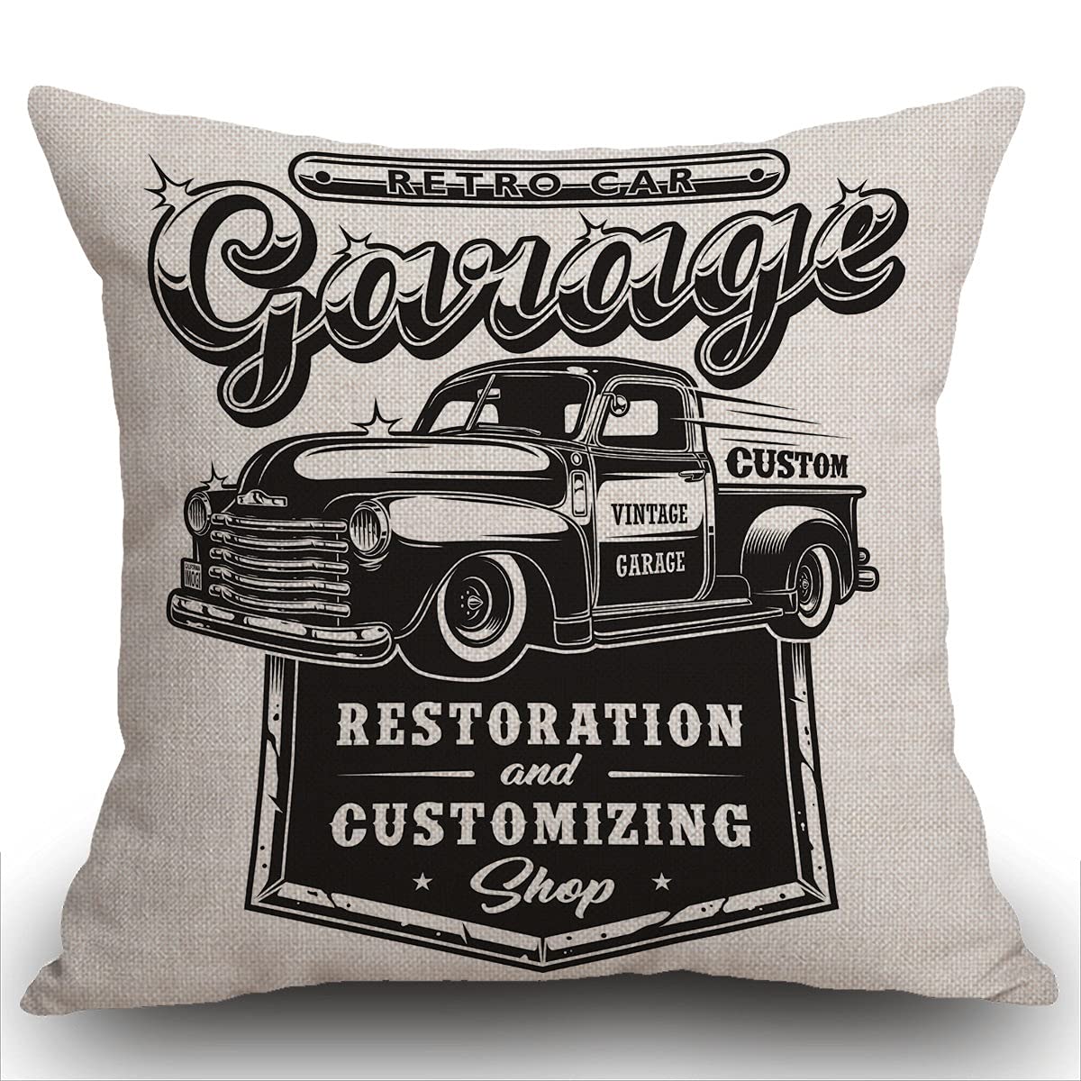 Smooffly Throw Pillow Cover Home Decor Retro Car Repair Garage Sign with Retro Style Truck Pillow Case Decorative 18 x 18 Inches Outdoor Cushion Couch Sofa Pillowcase