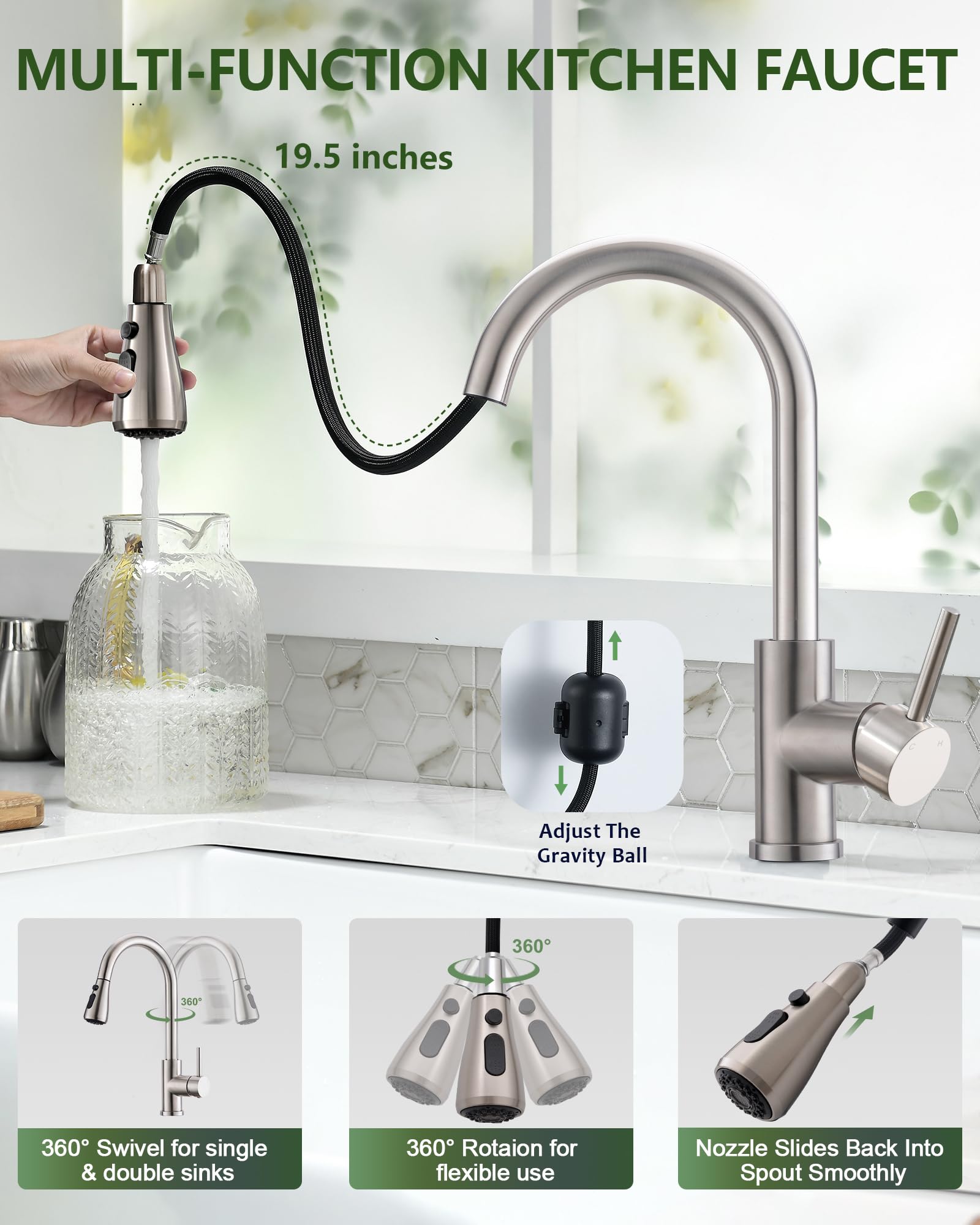 VFAUOSIT Kitchen Faucets, Kitchen Sink Faucet with Pull Down Sprayer Brushed Nickel Stainless Steel Modern High Arc Single Handle Single Hole Pull Out Kitchen Faucet for Bar Laundry RV Utility Sink