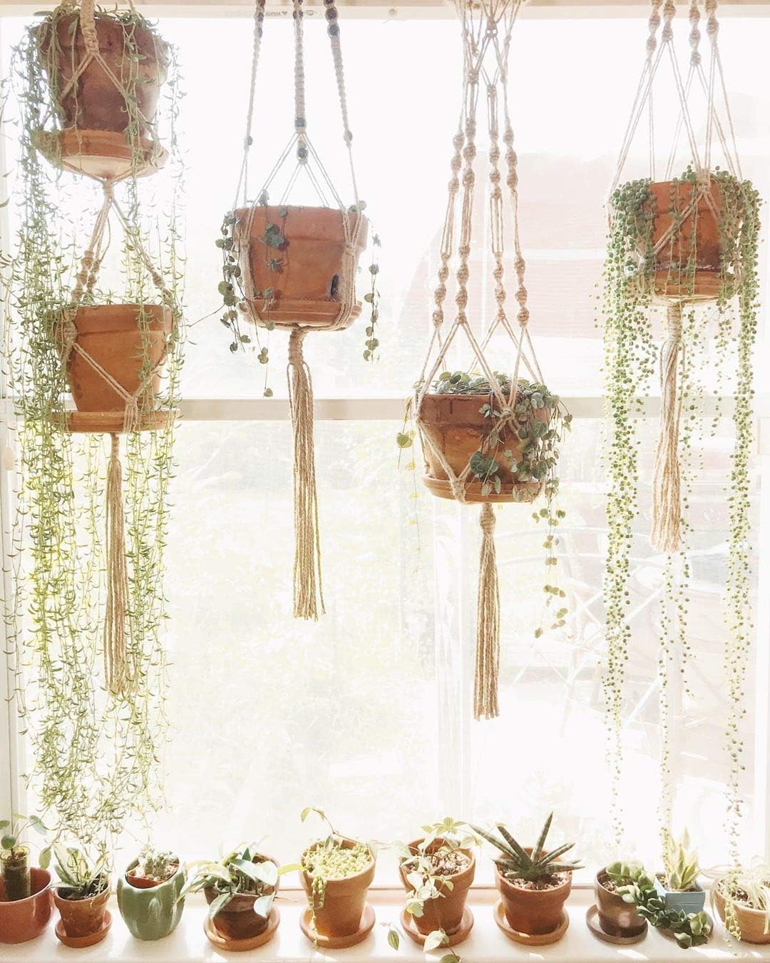 POTEY 620401 Macrame Plant Hangers - 4 Pack Hanging Planter Basket with 8 Hooks, Jute Indoor Hanging Plant Holder with Wood Beads,40''/43.3''/47.3''/47.3'',Brown: Garden & Outdoor