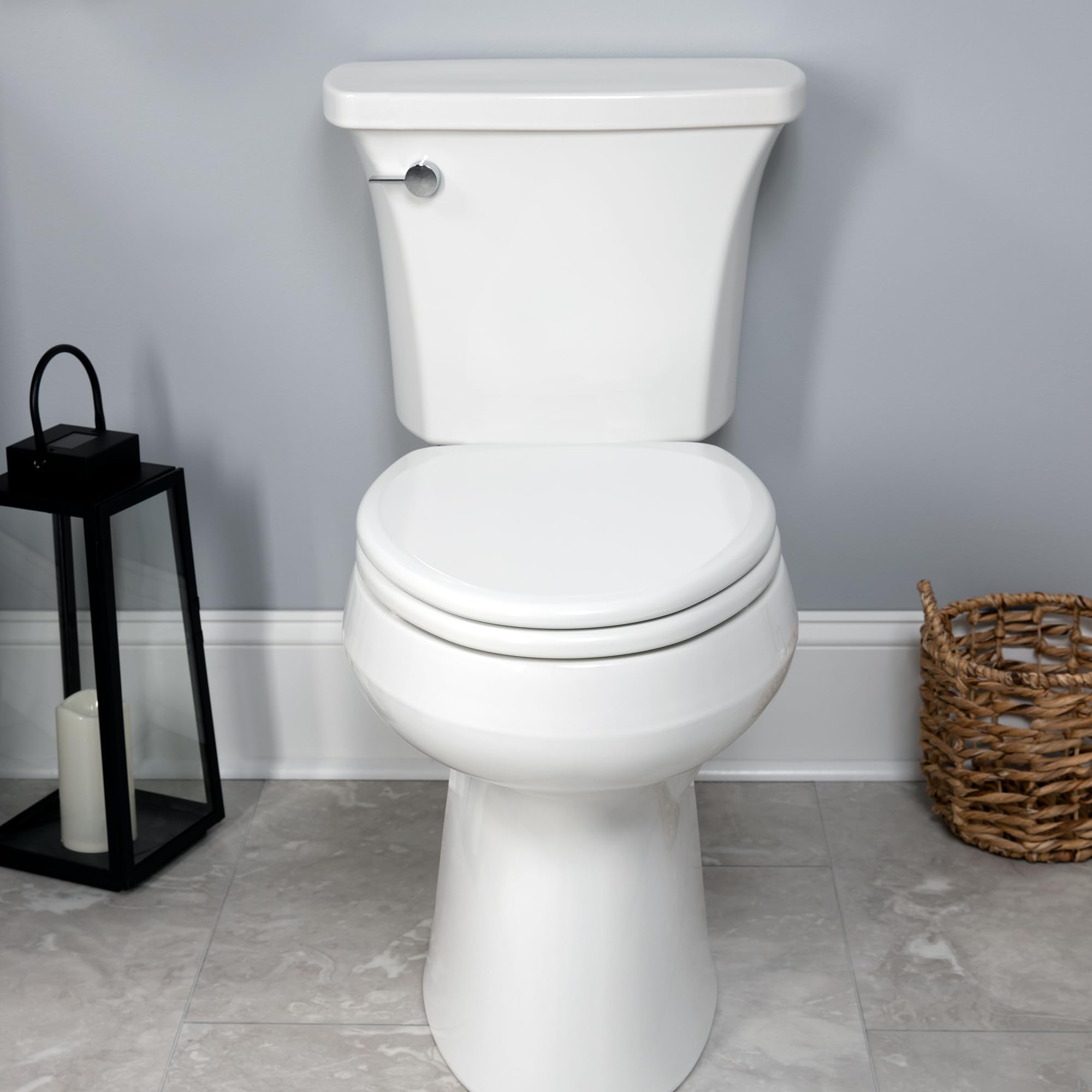 Mayfair Linden Slow Close Toilet Seat, Non Slip Heavy Duty Wood, Easy Install, Round, White