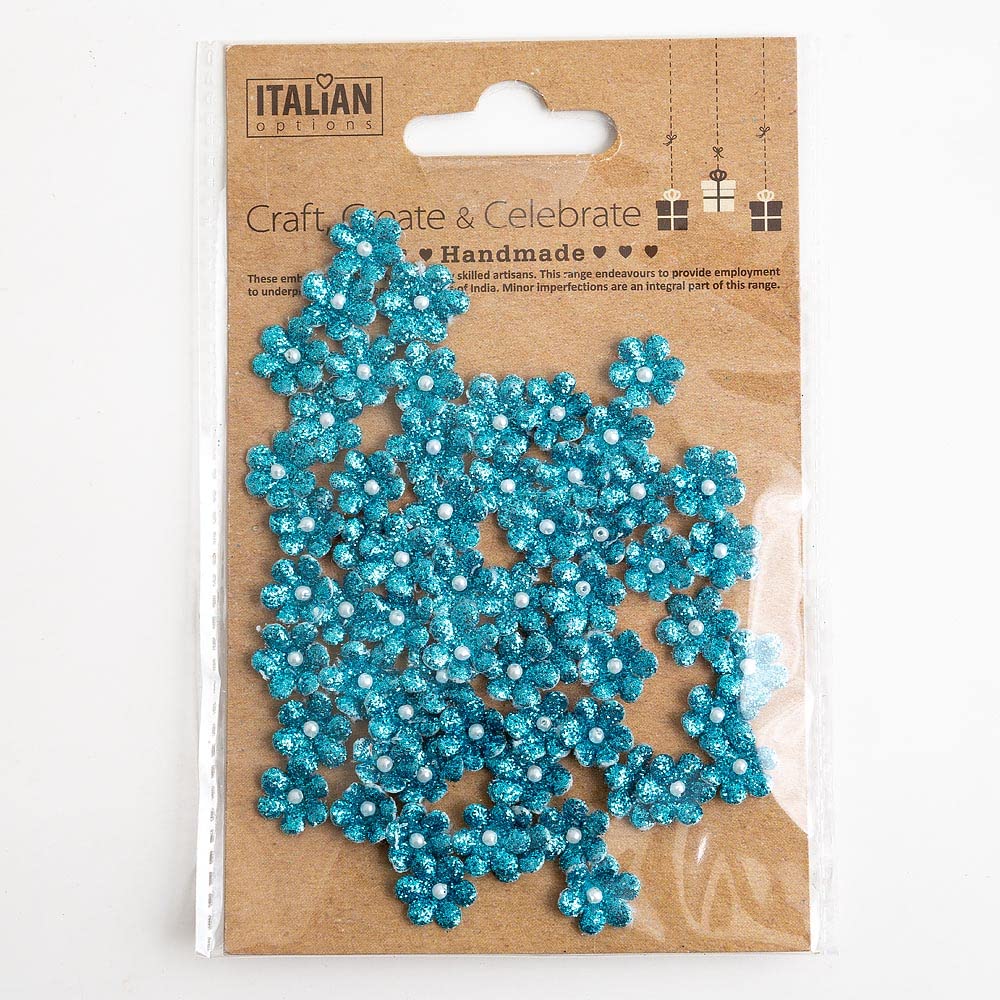 1cm Mini Glitter Paper Craft Flowers - Turquoise Blue (Pack of 60)