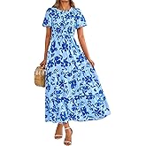 PRETTYGARDEN Women's 2026 Spring Casual Flutter Short Sleeve Boho Floral Maxi Dress Crew Neck Smocked Tiered Long Dresses