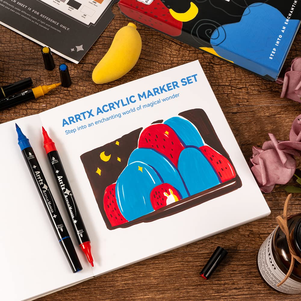 Arrtx Acrylstifte für Steine Bemalen, 32 Farben Marker Dual-Tip-Pinsel und feine Spitze, Permanent Acrylmarker für malerei, Keramik, Glas, Holz, Metall, Leinwand, DIY Fotoalbum 5