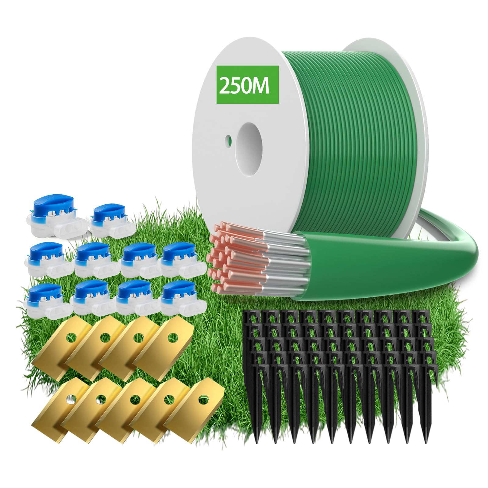 250m Boundary Cable for Robotic Lawnmower - Headley Tools Boundary Wire+50x Pegs+10x Connectors+9x Titanium Blades Accessory Set for Search Cable, Compatible with Gardena/Husqvarna/Worx