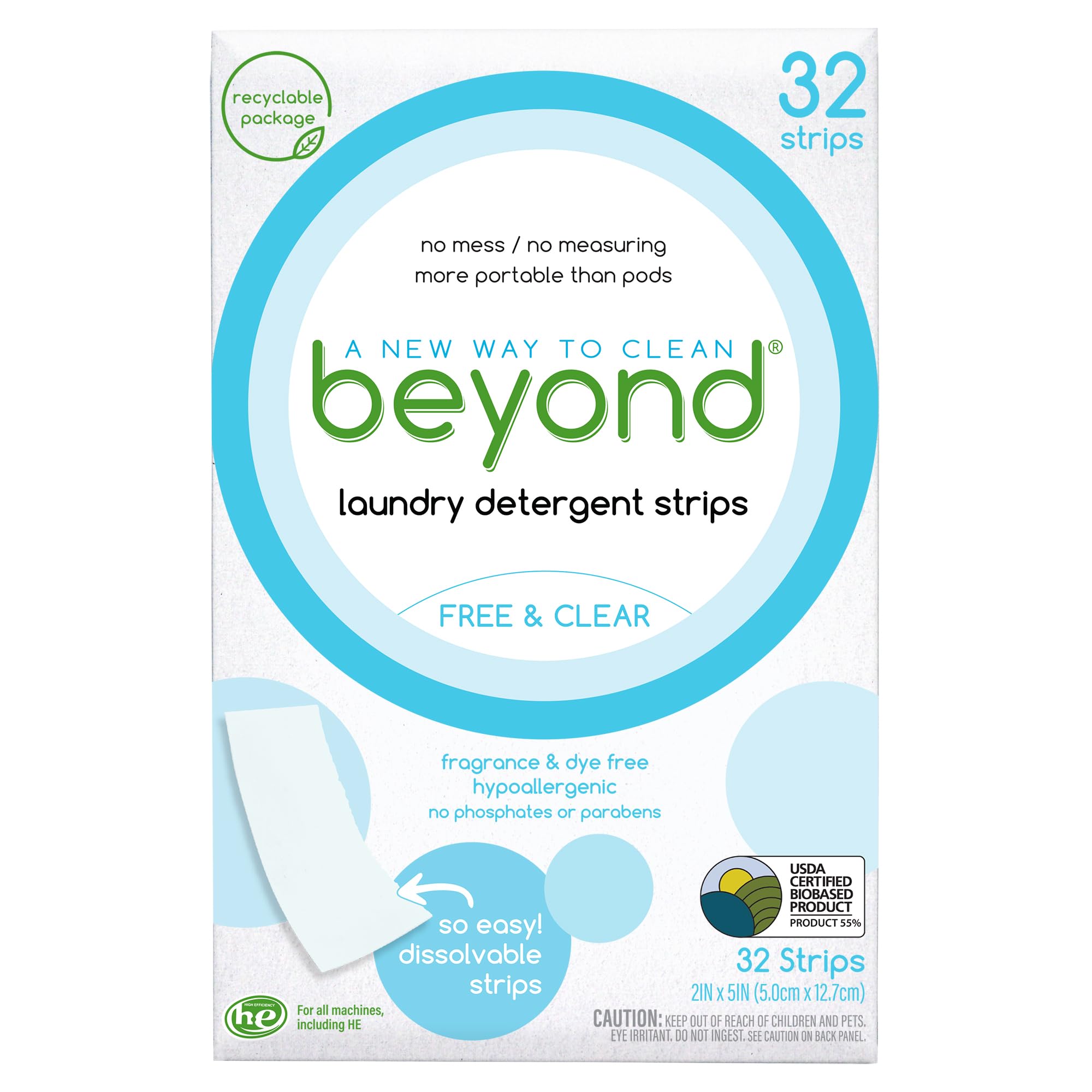 Laundry Detergent Strips [32 strips] - Free & Clear - Eco-friendly, Hypoallergenic. Travel friendly. Dissolvable Strips.