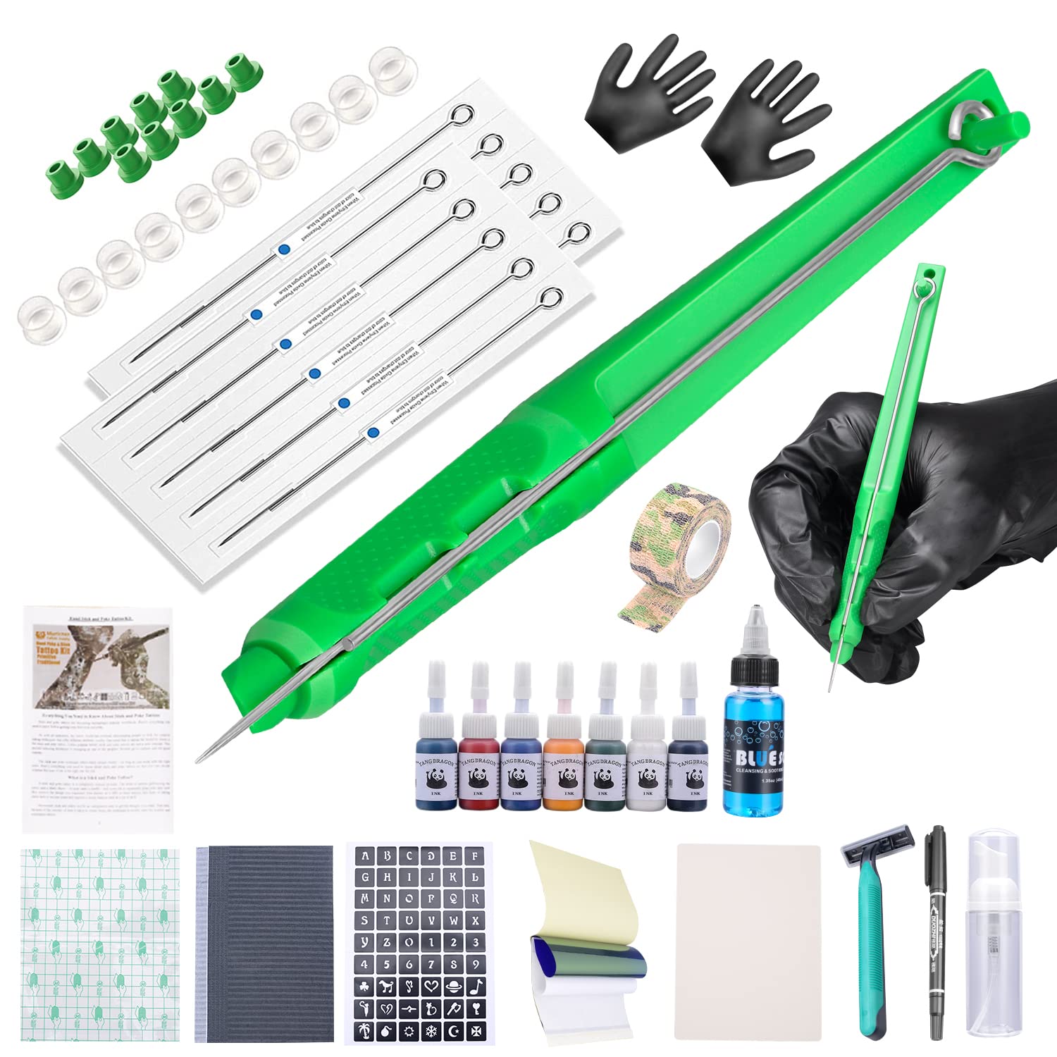 Tattoo Kit Tattoo Pen Kit Poke a Stick Tattoo Hand Tool Kit with 7 Ink 10 PCS Needles