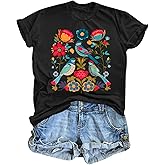 Lytiarul Vintage Flower Shirt for Women Boho Floral Wildflower Cute Graphic Tees Bird Cottagecore Print T Shirts Casual Tops