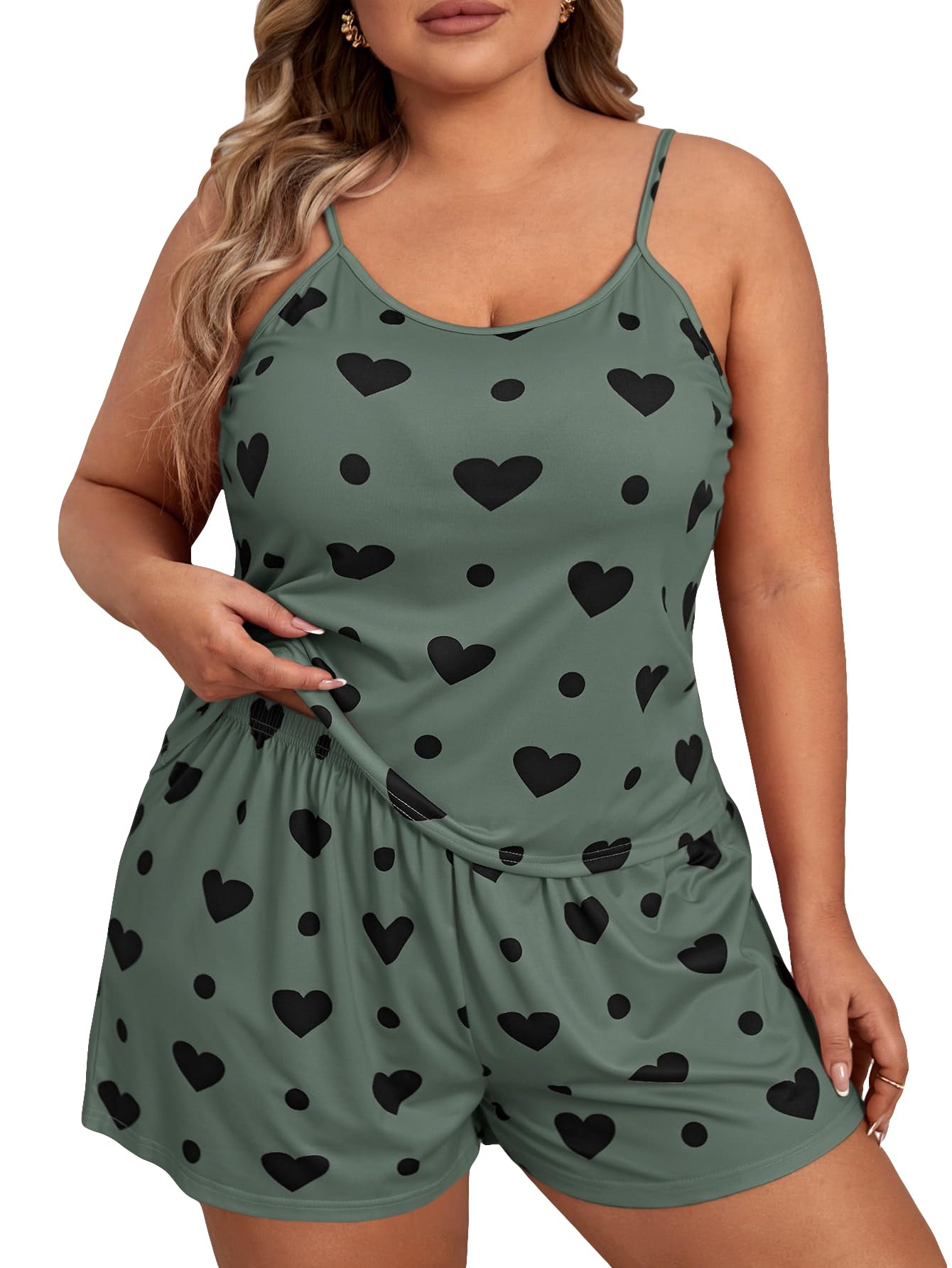 Photo 1 of ******Shirt Only *******SOLY HUX Women's Plus Size Pajama Set 2 Piece Cute Heart Print Lounge Cami Top and Elastic Waist Shorts Pjs Sleepwear Army Green Heart 5X-Large Plus