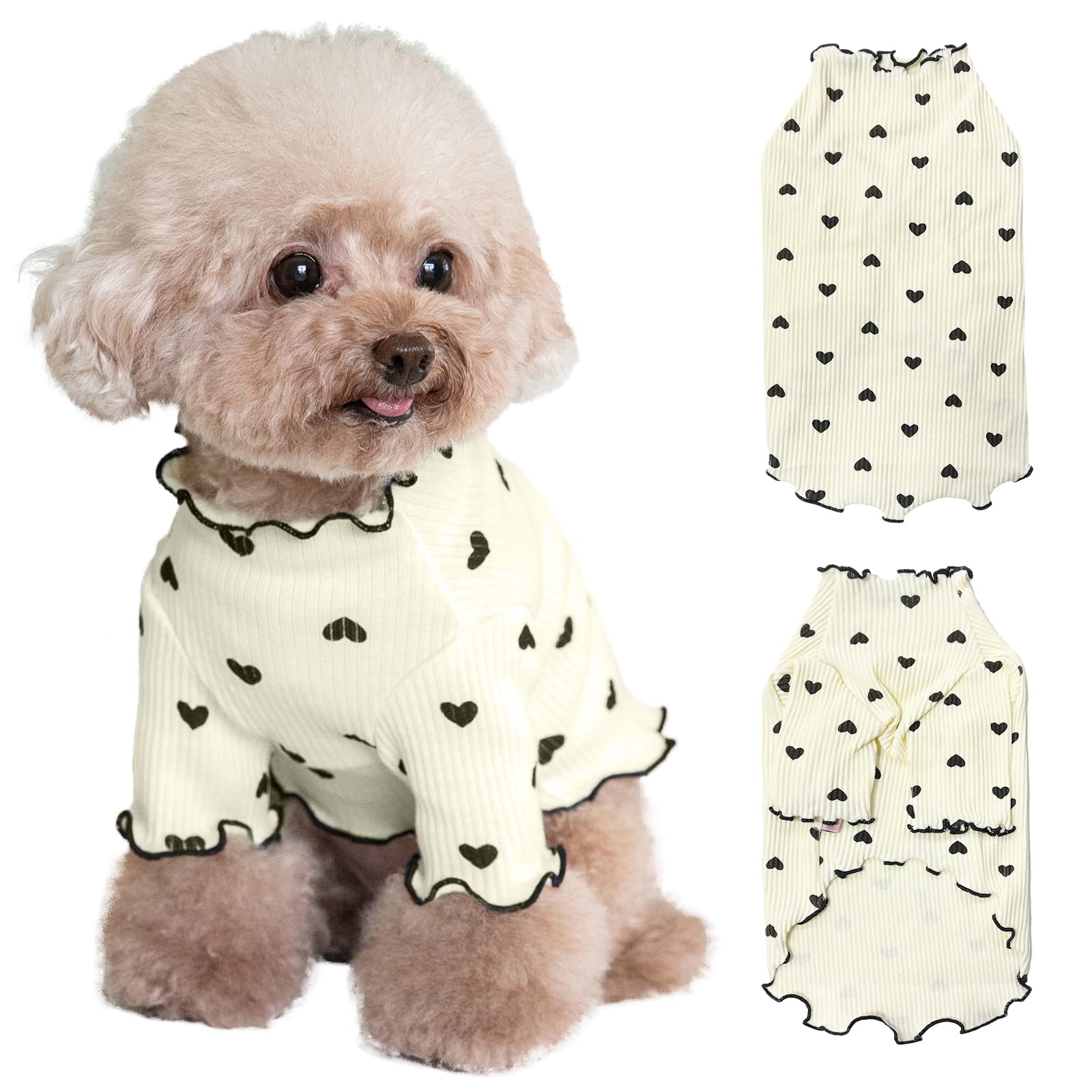 Yaopelky Pet Clothes for Small Dogs Cat Summer Fall Heart Print Shirt Stretchable Ruffle Long Sleeve Outfits for Chihuahua Schnauzer Shih Tzu Yorkie (Beige, M)