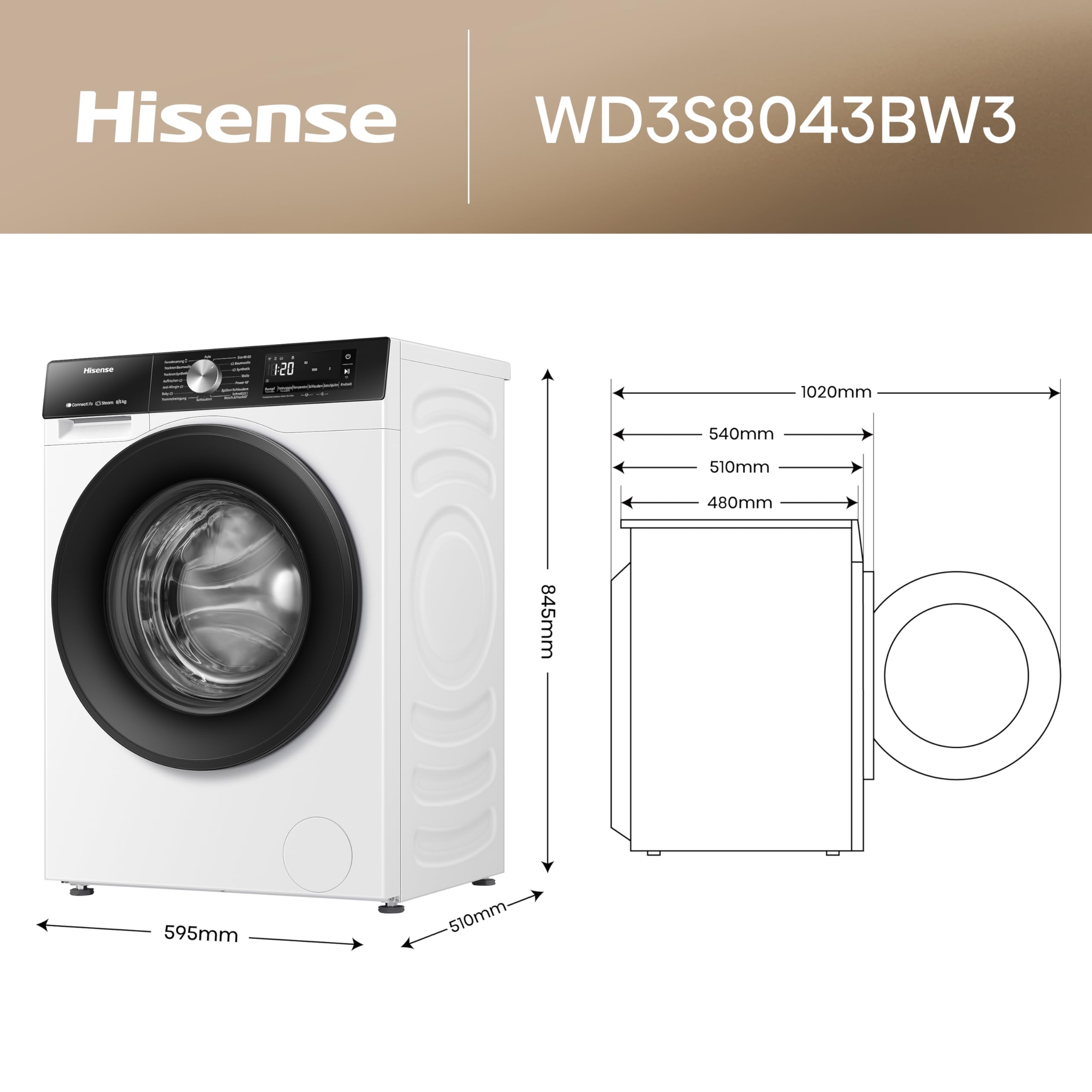 Hisense WD3S8043BW3 Waschtrockner/ConnectLife /16 Programme /8 KG, 54 Liter /1400 U/min/Dampffunktion/JetWash/Anti-Allergie Program/Auto Program/Eco Wash/Steam RefreshWeiß 2
