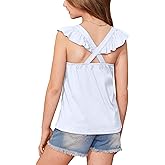 BesserBay Girls Criss Cross Back Flutter Sleeve Crew Neck Tank Tops Back Elastic Lightweight Solid Blouse 5-14 Years