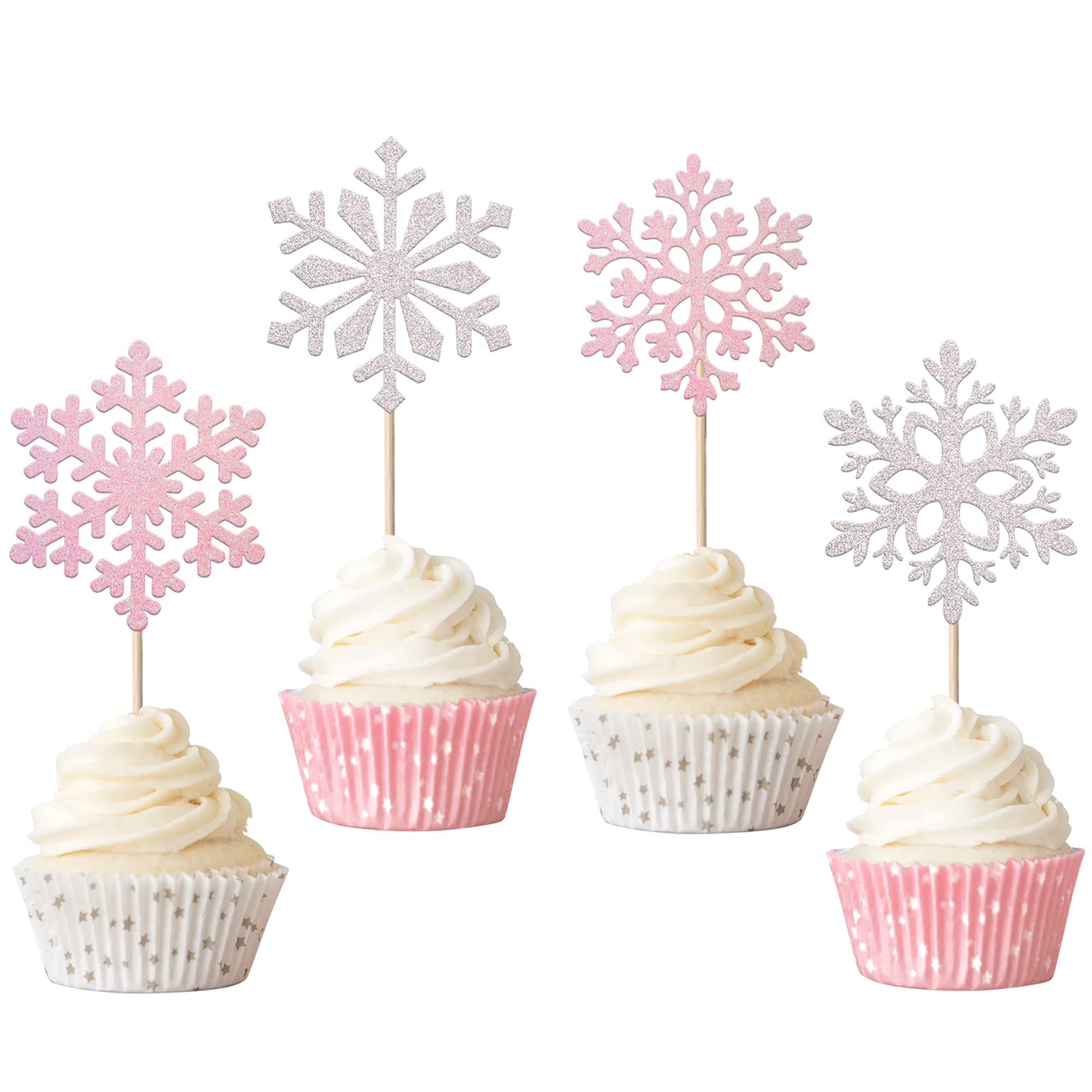 Xsstarmi 24 Pack Snowflake Cupcake Toppers Silver and Pink Glitter Snowflake Cupcake Picks for Winter Frozen Theme Baby Shower Kids Birthday Christmas Party Cake Decorations Supplies