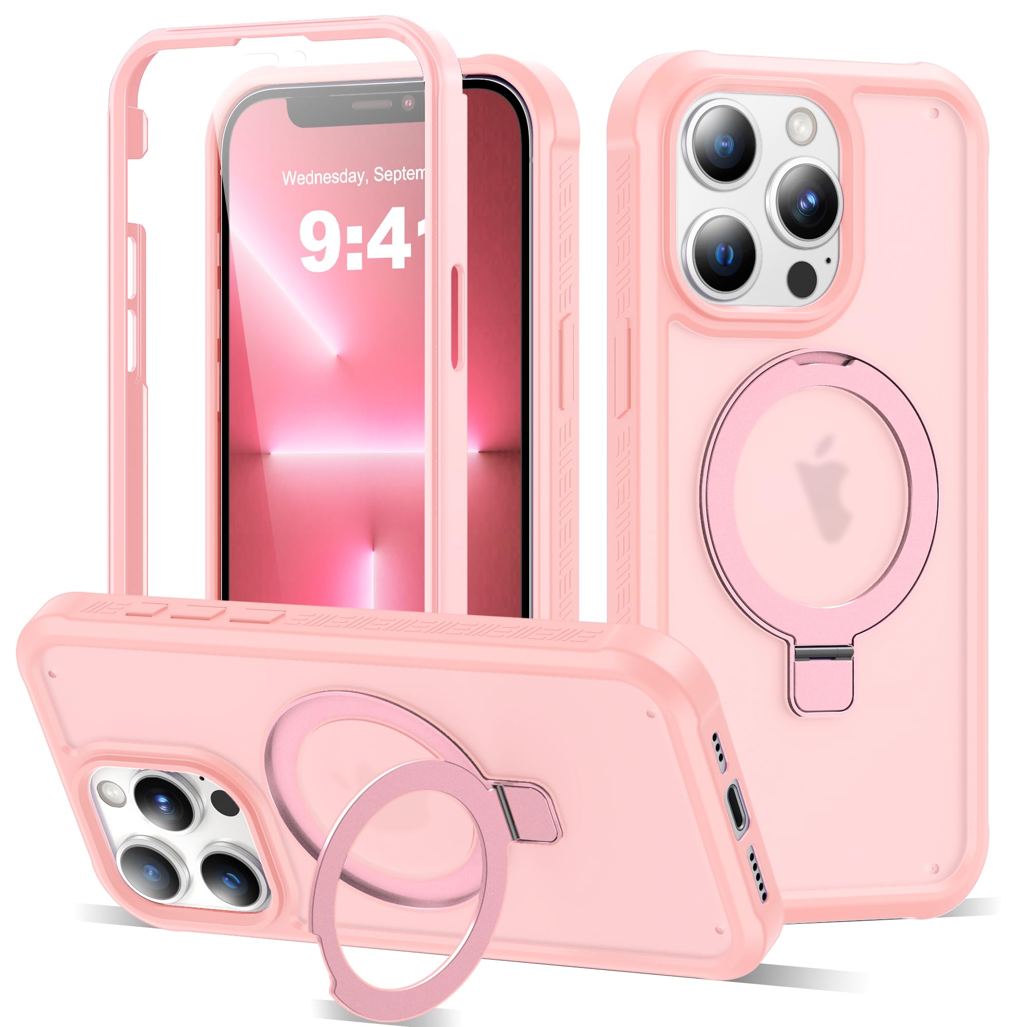 UTPPVX Compatible with iPhone 13 Pro Case with Magnetic Ring Stand [Compatible with Mag-Safe] [Built-in Screen Protector] Military-Grade Drop Protection Matte Translucent Phone Case, Pink