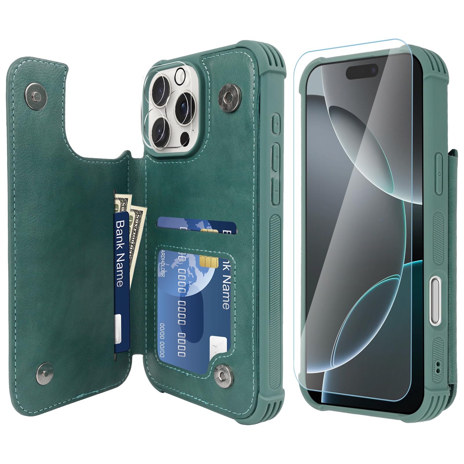 VANAVAGY Compatible for iPhone 16 Pro Wallet Case with Credit Card Holder,Rfid Leather Flip Folio Phone Cover Fits Magnetic Car Mount and Stand with Screen Camera Protector,Forest Green