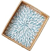 i-lan 14" Rectangular Rattan Serving Tray – Light Blue MOP Inlaid Wooden Base, Boho Coffee Table Tray with 2" Rim & Handles, Handmade Display for Dining Room, Housewarming Gift