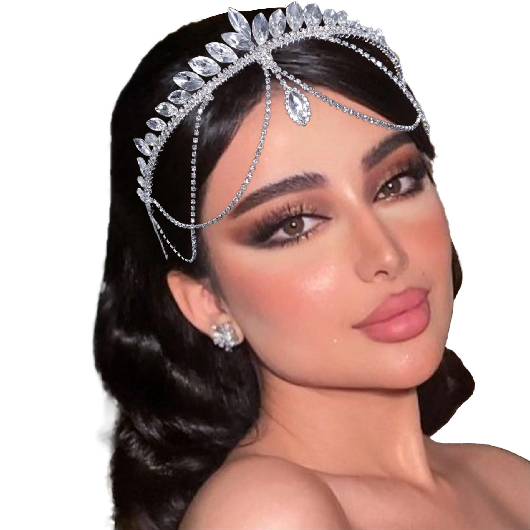 Head Chain - Wedding Hair Accessories for Women, Bridal Hair Accessories, Hair Jewellery, Silver Headpiece, Head Jewellery, Rhinestone Headband, Wedding Headbands for Bride, Tassel Forehead Chain