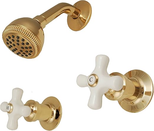 Two Handle Shower Faucet Polish Brass Finish Porcelain Handle
