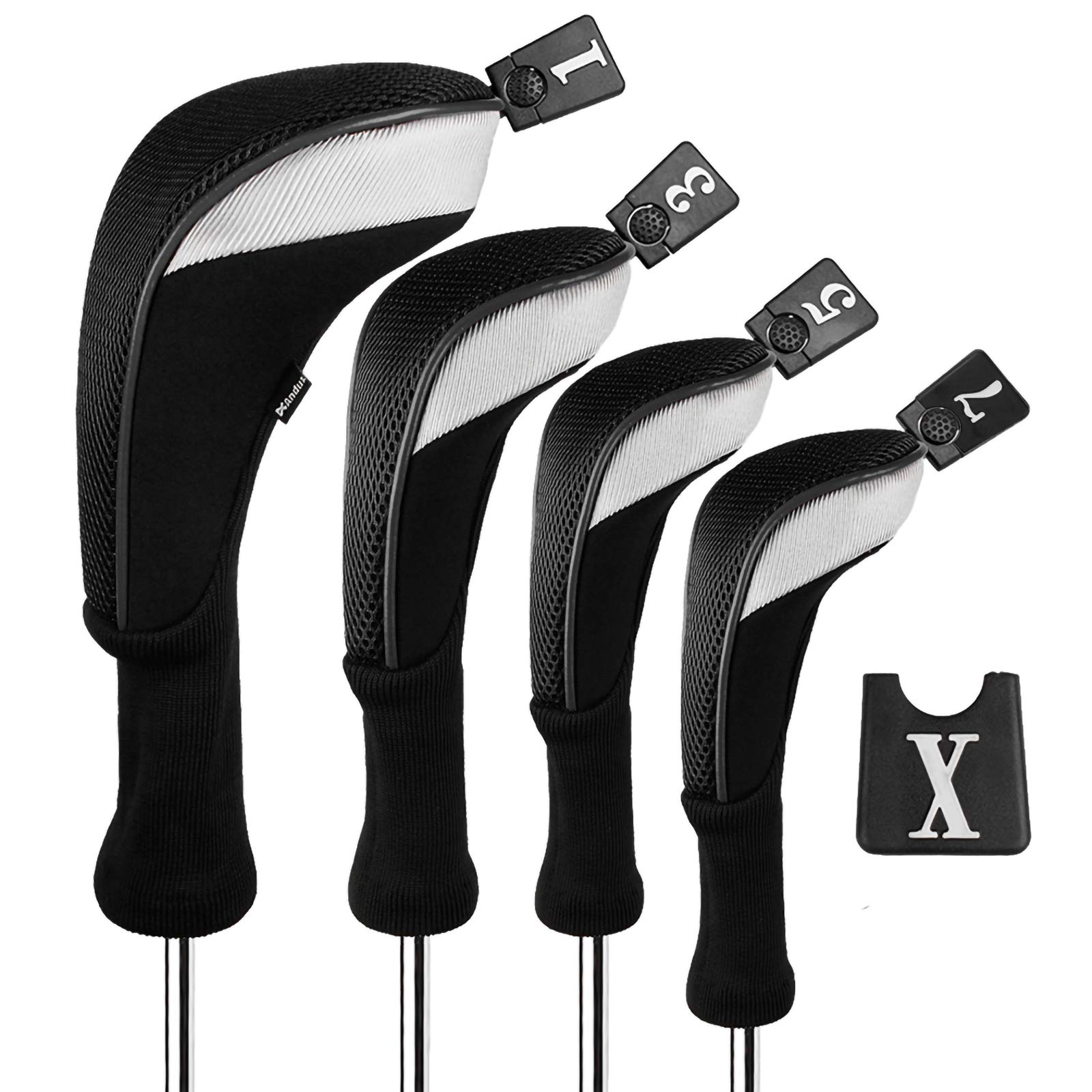 Andux 4pcs/Set Golf Fairway Wood Club Head Covers 460cc Driver with Long Neck Black