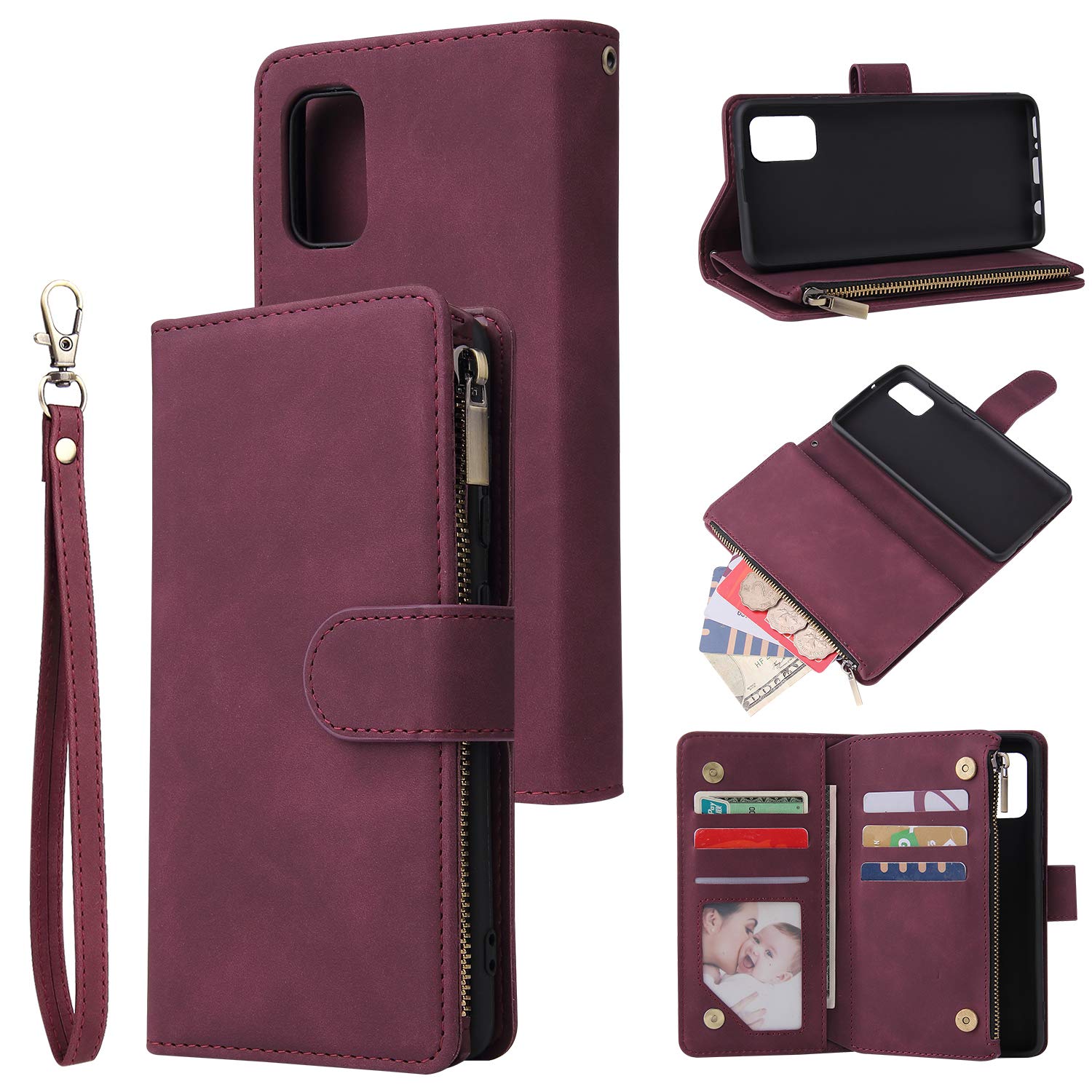QLTYPRI Case for Samsung Galaxy A12 5G, Large Capacity Leather Wallet Case 6 Card Holder & 1 Zipper Pocket Kickstand Wrist Strap Magnetic Protective Cover for Samsung Galaxy A12 5G - Red