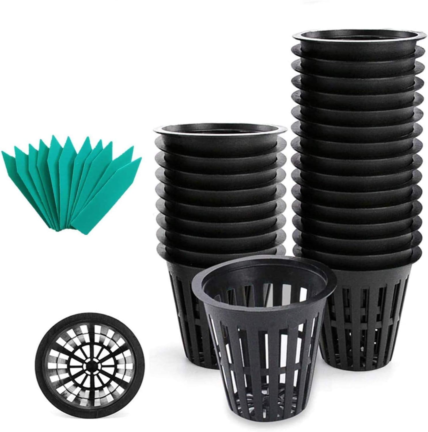 SYOURSELF Nursery Pots 50 Pack 3 inch net Pot, Garden Slotted Mesh Plastic Plant Net Cup with 50 Plant Labels, Heavy Duty Wide Lip Round Bucket Basket for Hydroponics(Black)