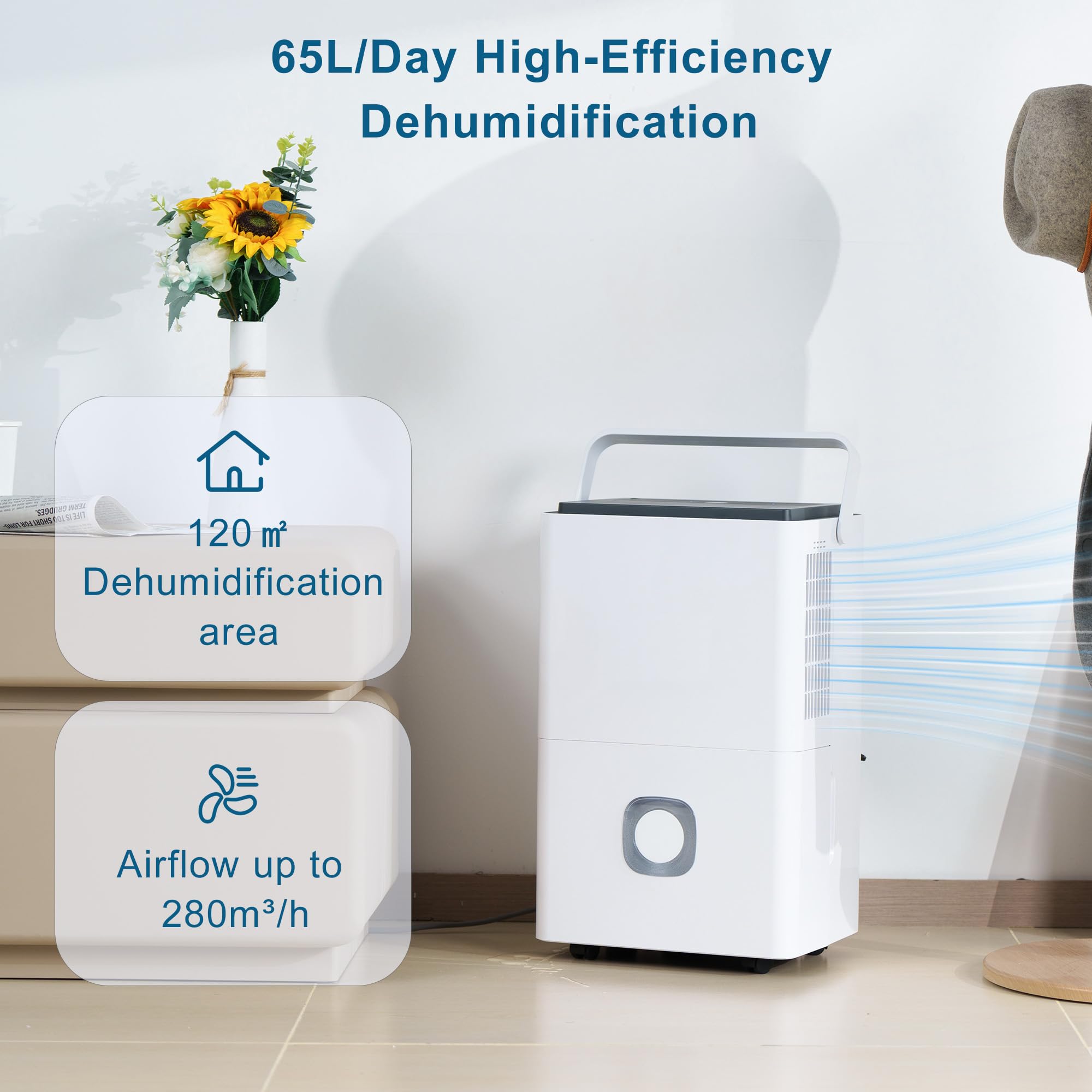 Megonia Elektrischer Luftentfeuchter für Haus: 65L/Tag, Automodus, 4.5L Wassertank mit Ablaufschlauch, Leise Raumentfeuchter für Keller, Büro, Schlafzimmer, Badezimmer, Wohnung, Küche bis 120m² 2