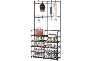 Laiensia 5-Tier Entryway Coat Rack, Coat and Shoe Rack, Entryway Bench Storage Organizer with 8 Hooks for Bedroom, Hallway, Office, Black