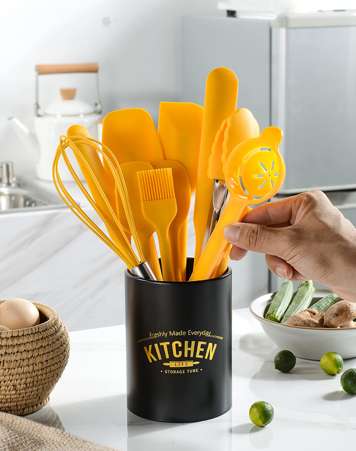 Silicone Spatula Set of 11 Kitchen Utensils with Iron Utensils Holder for Baking, Cooking, and Mixing,Cooking Spatulas Nonstick Cookware，Seamless and Flexible,Dishwasher Safe (Yellow)