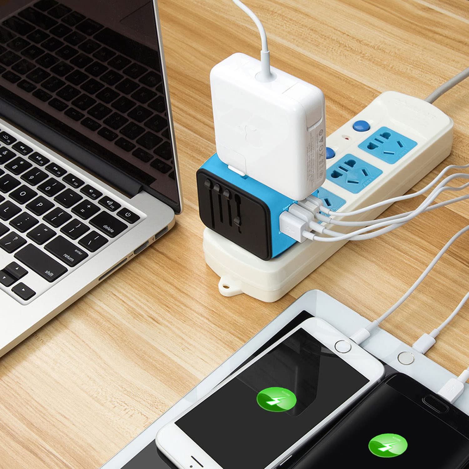 SAUNORCH Travel Adapter Worldwide, Universal International Power Plug Adapter W/2.4A 3xUSB-A and 3.0A Type-C Wall Charger, European Travel Plug Adapter for Europe UK EU US CA AU Italy Asia-Blue