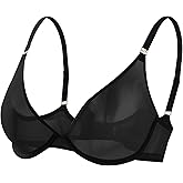 Anncude Demi Bras for Women Plunge Unlined Sheer Balconette Bra Mesh See Through Seamless Push Up Bra Wired Comfort No-Pads