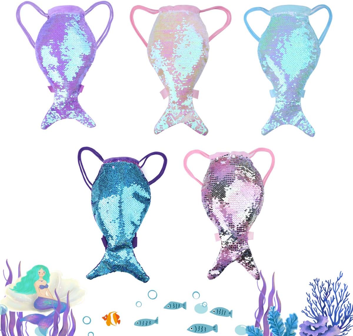  | AMZNOVA Mermaid Tail Backpack for Girls, Reversible Sequin Mermaid Drawstring Backpack Bag for School Gym Dance Hiking Beach, Small, Violet | Backpacks