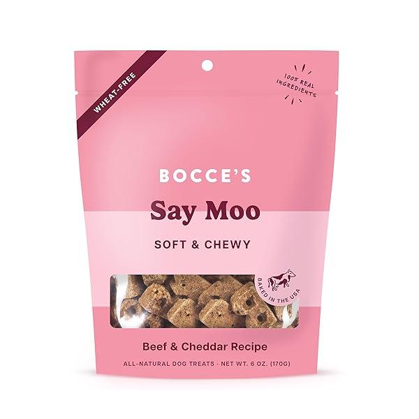 BOCCE’S BAKERY OVEN BAKED SAY MOO TREATS FOR DOGS, WHEAT-FREE EVERYDAY DOG TREATS, MADE WITH REAL INGREDIENTS, BAKED IN THE USA, ALL-NATURAL SOFT & CHEWY COOKIES, BEEF & CHEDDAR RECIPE, 6 OZ