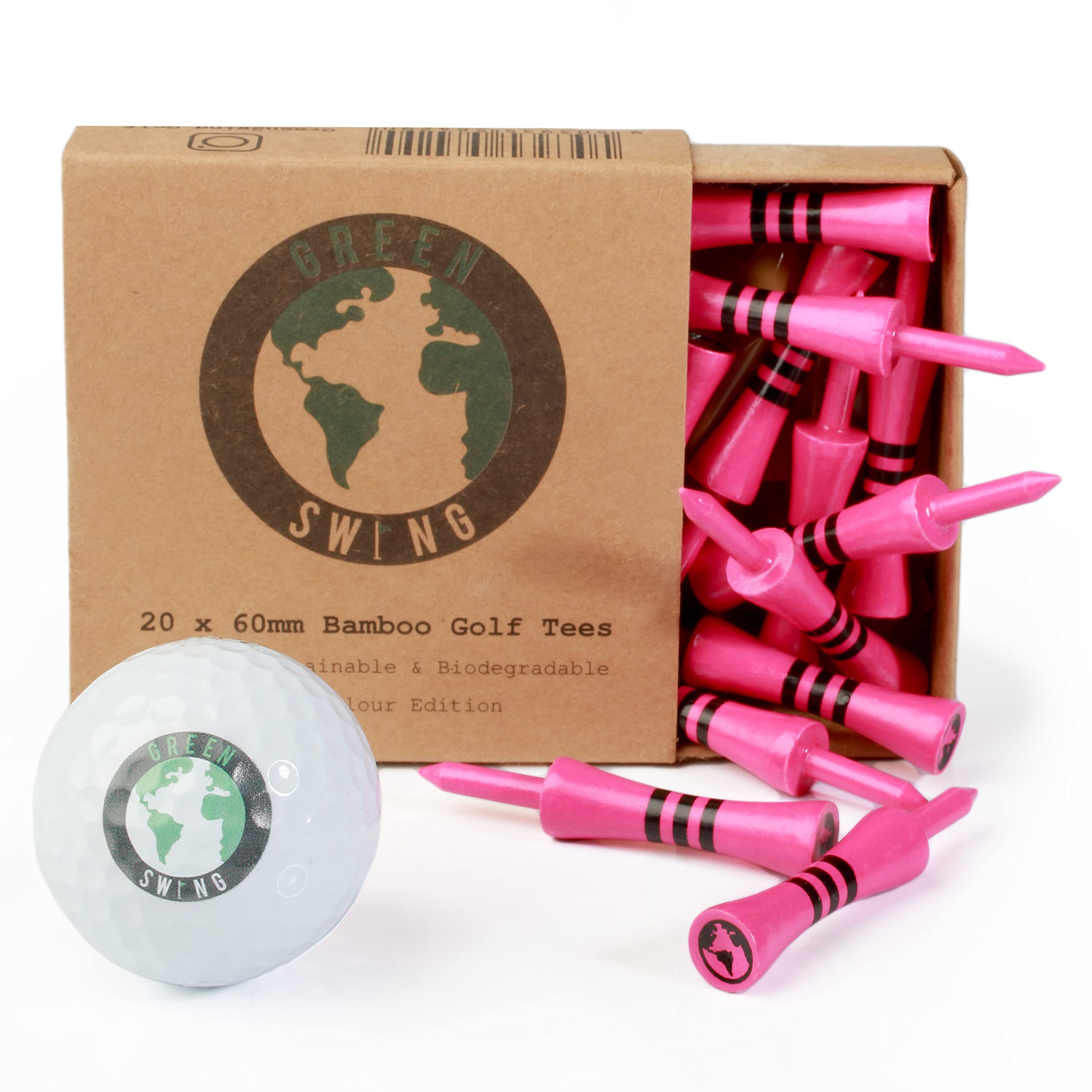 Green Swing Bamboo Golf Tees 60mm | Strong Sustainable Biodegradable | 20pcs | Full Colour Edition | Pink Castle Tees