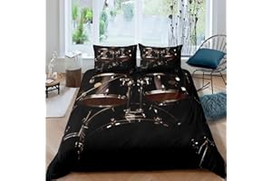 Erosebridal Drum Kit Bedding Set Classical Music Comforter Cover Musical Instrument Duvet Cover Orange Print Quilt Cover for Kids Boys Teens Black Soft Microfiber Room Decoration 2 Pcs Twin Size