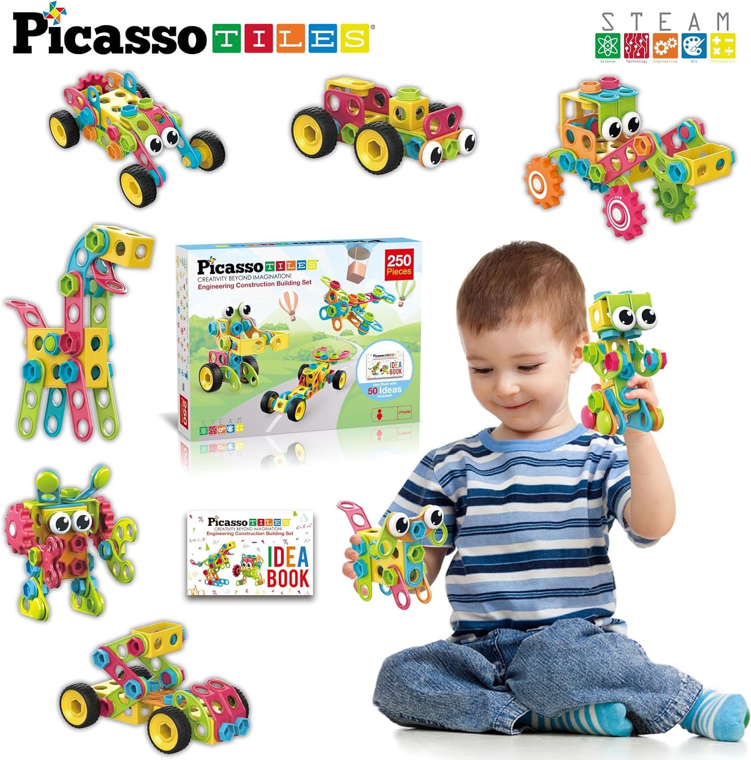 PicassoTiles STEM Learning Toys 250 Piece Building Block Kids Construction Engineering Kit Toy Blocks Children Early Education Playset w/Free IdeaBook, Power Drill, Clickable Ratchet, Age 3+ PTN250