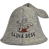 SAUNA GURU Sauna Boss Grey Sauna Hat, 100% Organic Wool Felt Hats for Russian Banya - Protect Your Head from Heat - English Sauna eBook Guide Included - with Embroidery