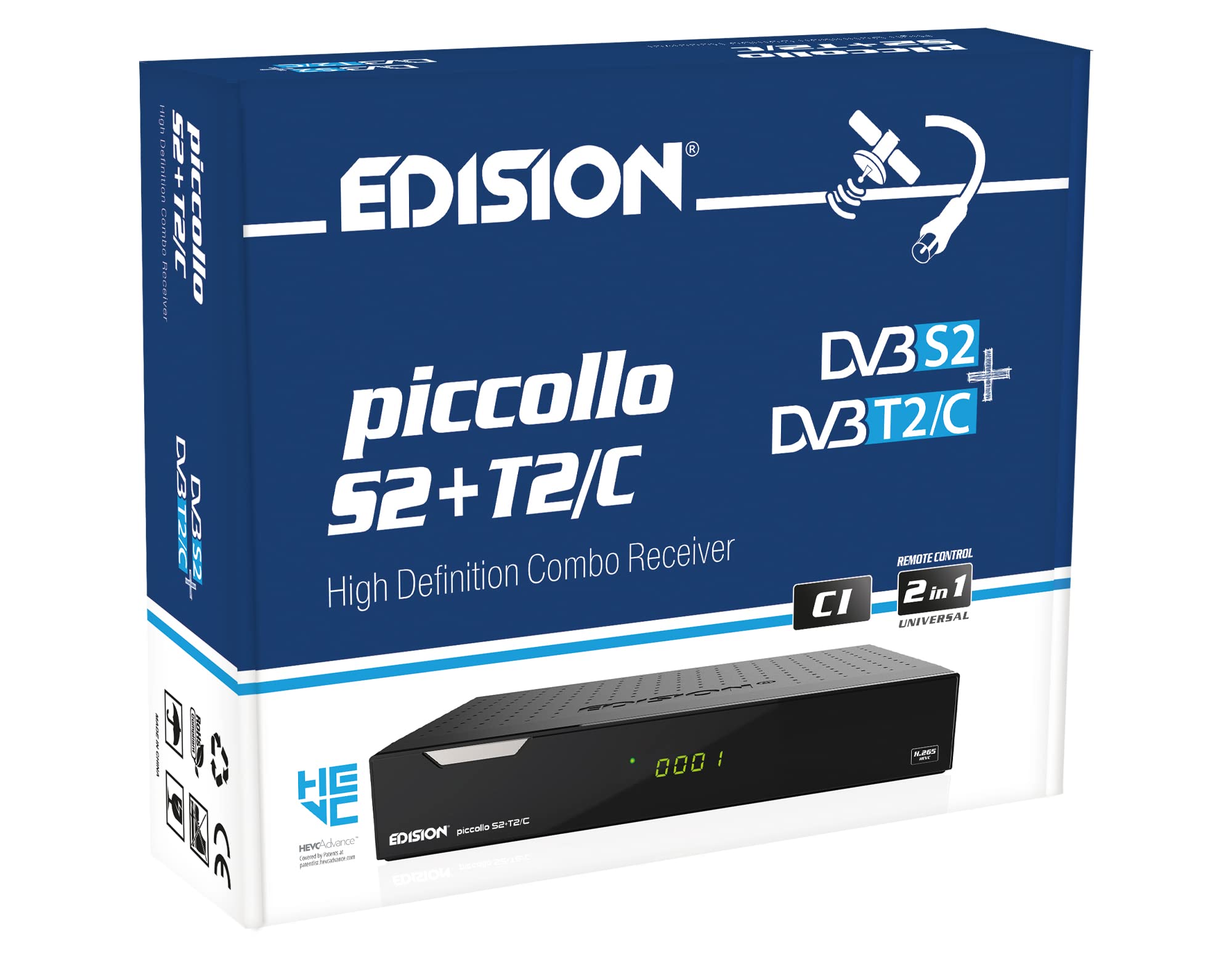 Edision PICCOLLO S2+T2/C Combo Receiver H.265/HEVC (DVB-S2, DVB-T2, DVB-C,) CI Full HD USB Black, Universal Remote Control 2 in 1