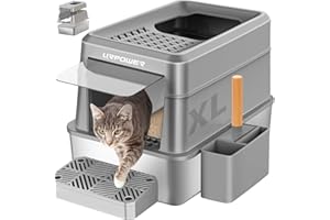 URPOWER Stainless Steel Cat Litter Box with Lid Extra Large Enclosed Litter Box for Cats Non-Sticky Metal Pan with High Sided Enclosure & Scoop, Front & Top Entry, Anti-Leakage, Easy Cleaning