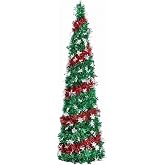5FT Collapsible Christmas Tree Artificial Tinsel Tree, Pop Up Reusable Slim Tree Easy Assembly for Christmas Decoration (Christmas)