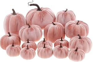 ZningEsxi 16 Pcs Light Pink Velvet Pumpkins Halloween Assorted Faux Velvet Pumpkins Set Handmade Artificial Foam Pumpkin Decor Fall Harvest Thanksgiving Home Party Table Centerpiece Decoration