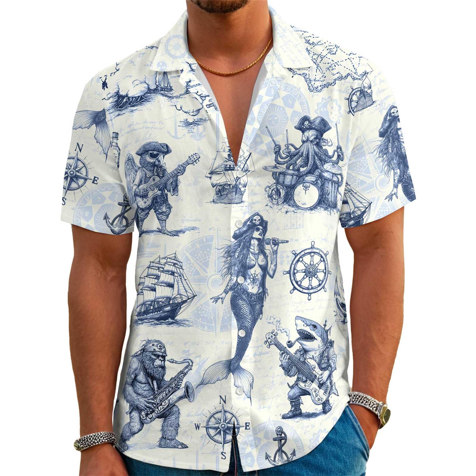 Photo 1 of THE PIRATE KING Funny Pirate Mermaid Hawaiian Shirt Shark Octopus Rock Music Band Beach Vacation Casual Button Down Shirt