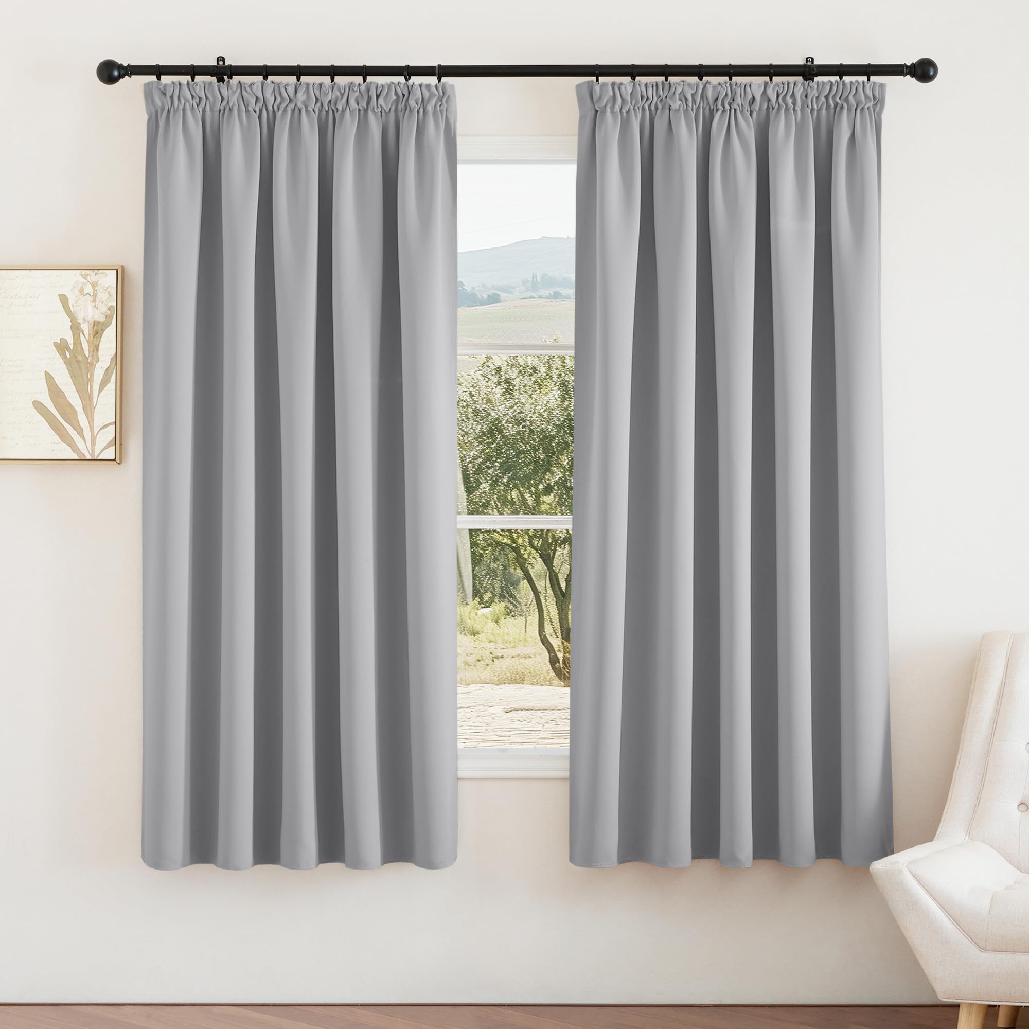PONY DANCE Blackout Curtains Pencil Pleat - Energy Saving Living Room Curtain 2 Panels Set Light Filter Super Soft Curtains Home Decorative, W66 X L72, Silver Grey
