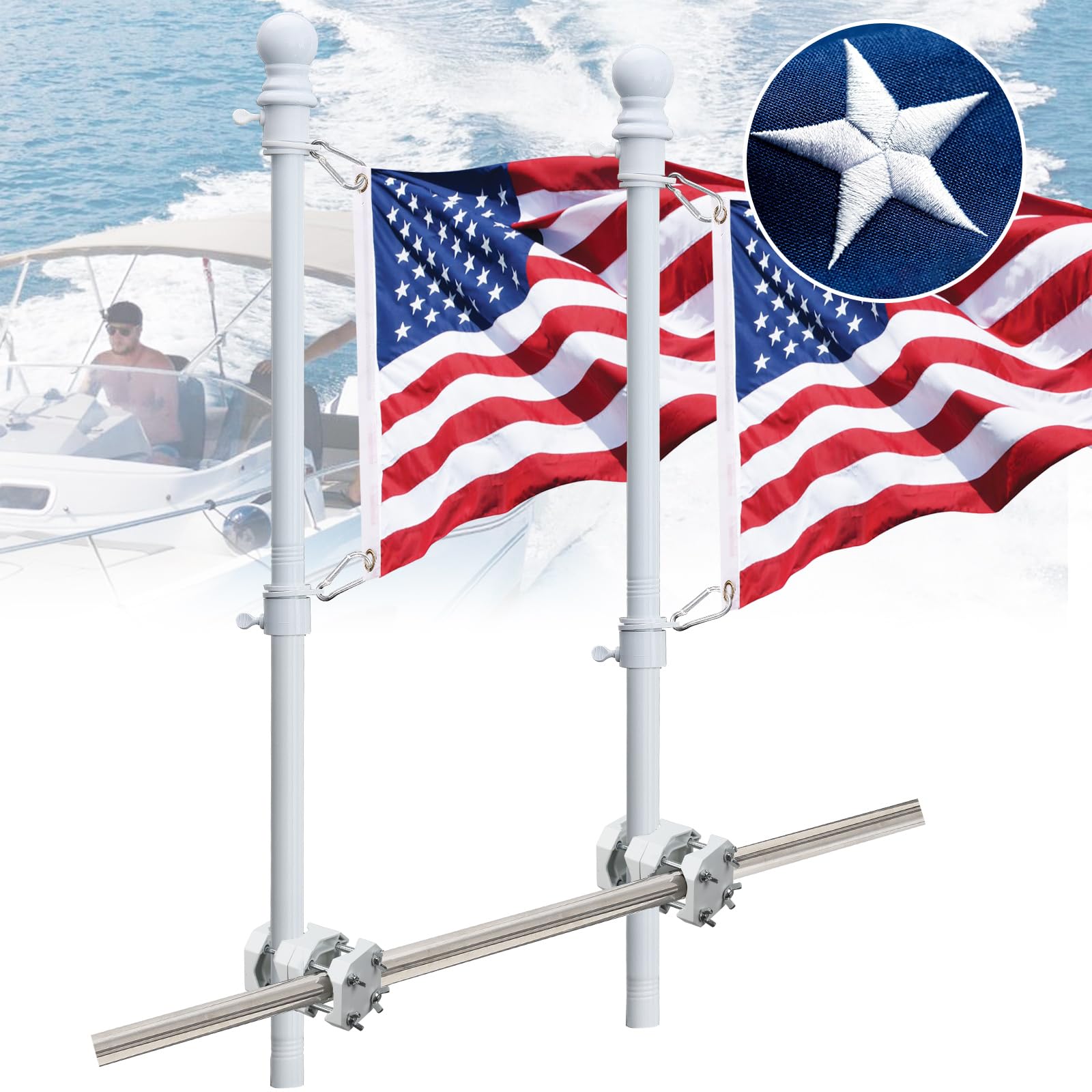 Photo 1 of Boat Flag Pole Kit with American Flag - 15-48" Rustproof Flagpole, 12x18" Embroidered Flag, Mount for 0.5-1.18" Rails, Ideal for Pontoon Boat Motorcycles (2 Pack), White