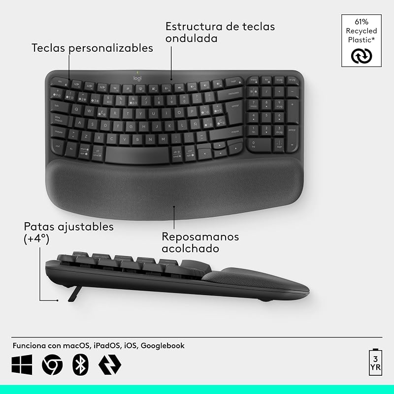 Wave Keys, Teclado ergonómico inalámbrico (Grafito)