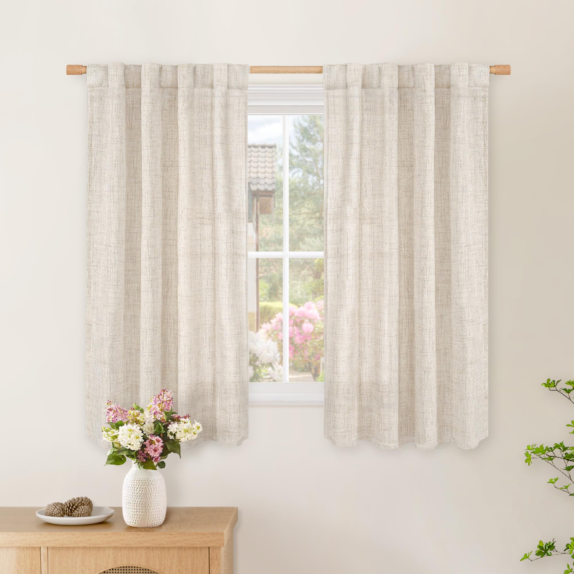 Photo 1 of BGment Short Linen Curtains 45 Inch Length for Kitchen Cafe, Rod Pocket Small Window Drapes Light Filtering for Bathroom Bedroom Ring Clips Decorative, 2 Panels Set, 34 Inch Wide Each Panel