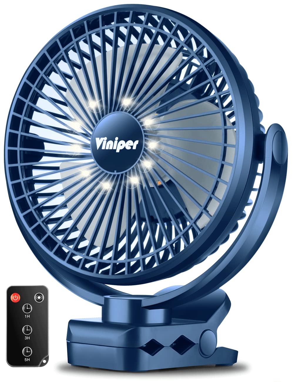 Viniper 8 inch Rechargeable Clip Fan with LED Light, 10000mah Battery Camping Hanging Fan with Timer : 360° Rotation, 3 Speeds, Tent Fan with Hanging Hook - Blue